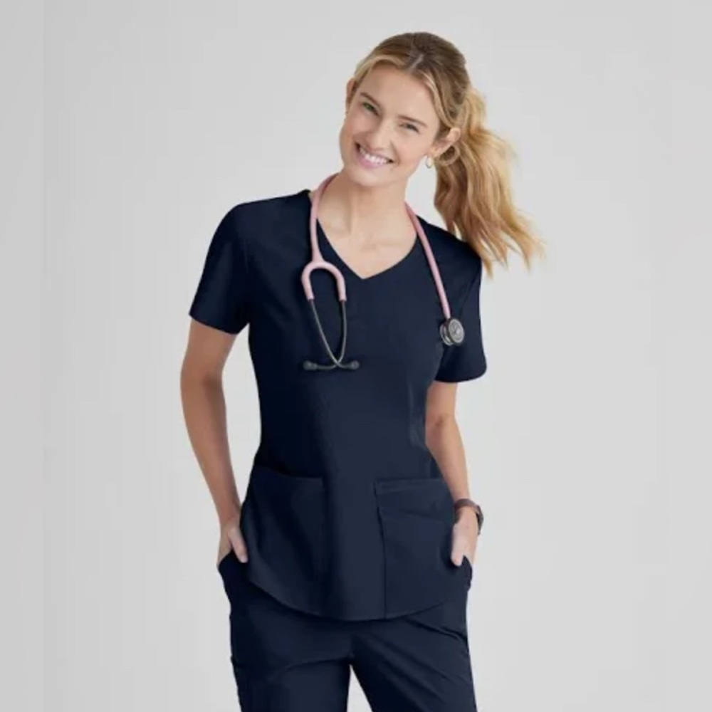 SKECHERS by Barco 3 Pocket V Neck Scrub Top Navy Small
